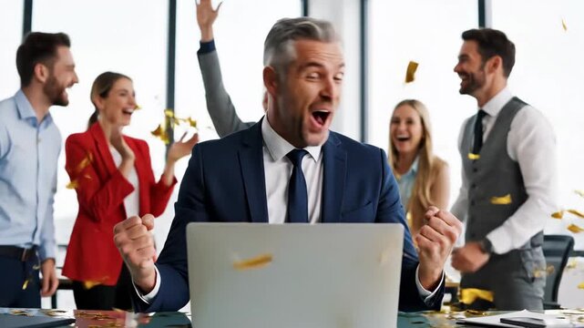 Mature businessman celebrating success at laptop with gold confetti. Diverse office team cheering for corporate achievement. Winning and victory concept