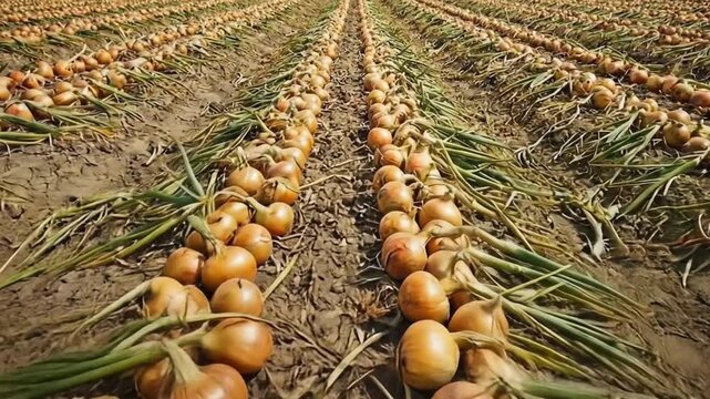 Onion harvest in field with rows of bulbs, an agricultural farm concept ready for organic food production