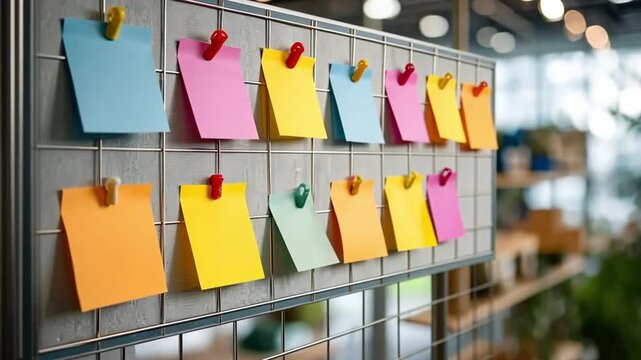 Colorful sticky notes pinned on a grid board for reminder messages, organization, and brainstorming in an office setting.