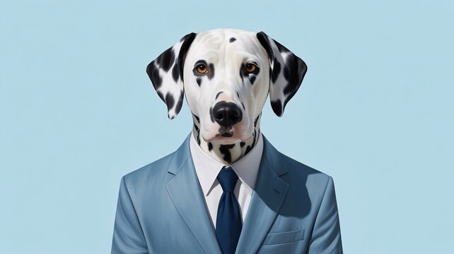 Dalmatian dog in blue business suit and tie, corporate or advertising mockup, isolated on light blue background, png