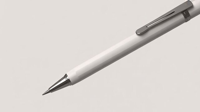 Silver ballpoint pen with metallic clip and tip, isolated on light gray background, for mockup or design element, png