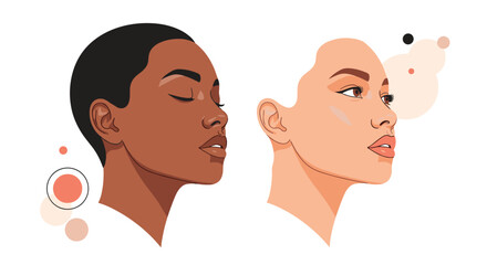 Obraz premium Side profile portraits of two beautiful women with different skin tones, showcasing diverse beauty and skin care concepts.