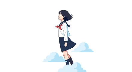 Fototapeta premium Schoolgirl in a Japanese uniform walking among soft clouds, symbolizing imagination, dreams, and youthful aspirations.
