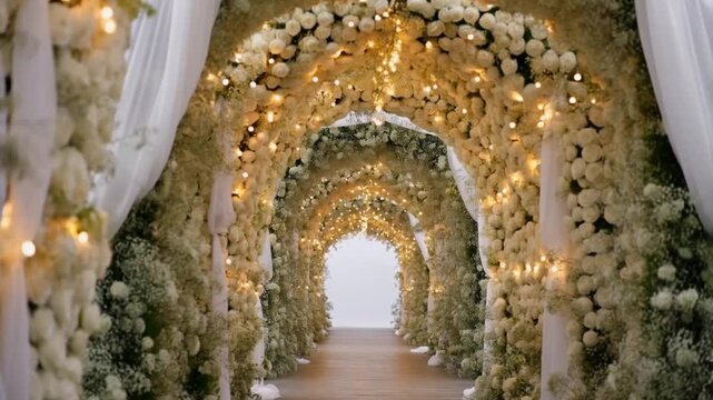 Dolly movement through a wedding arch of white roses and gypsophila with fairy lights, romantic and inviting atmosphere for wedding videography