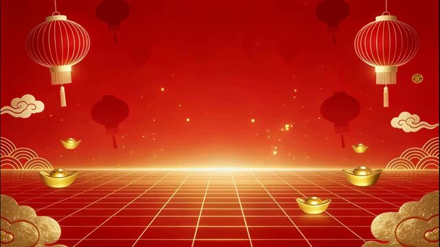 Red & Gold Chinese New Year Yuanbao & Lantern Dynamic Background