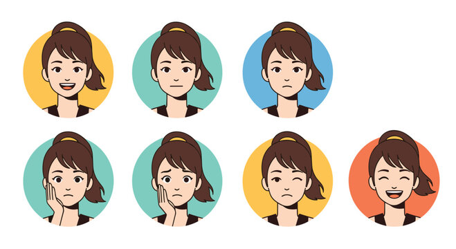 Collection of female character avatars showing various facial expressions and different emotions in circular colored backgrounds.