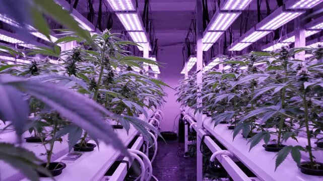 Wide perspective of an indoor cannabis cultivation facility. Rows of plants in a hydroponic system under LED lights. Modern medical marijuana farm