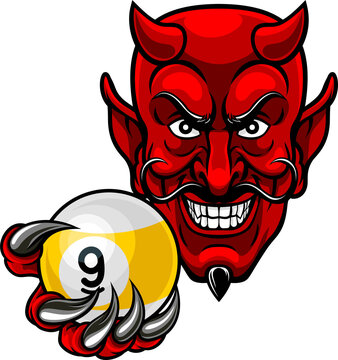 Devil nine ball pool billiards sports mascot holding a 9 ball cartoon illustration