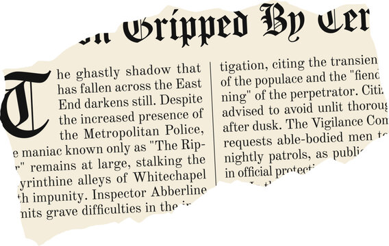 Ripped yellowed old journal paper fragment with columns of fictional vintage news text on transparent background.