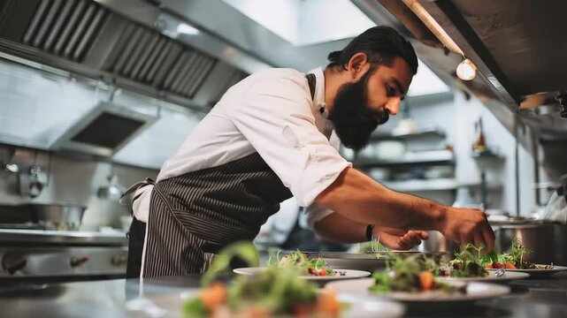 Chef prepares plates with fresh ingredients in busy kitchen during evening service for restaurant guests and diners