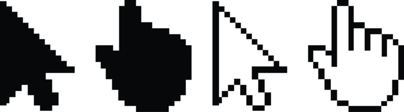 Computer mouse click cursor isolated on transparent. Cursor set in hand and arrow forms. Pixel cursor icon. Cursor icons set an arrow, arm flat and 3d style.