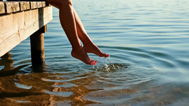 Close-up of legs dangling from a wooden pier and splashing water. Person relaxing by a lake on a sunny summer day. Leisure and vacation concept