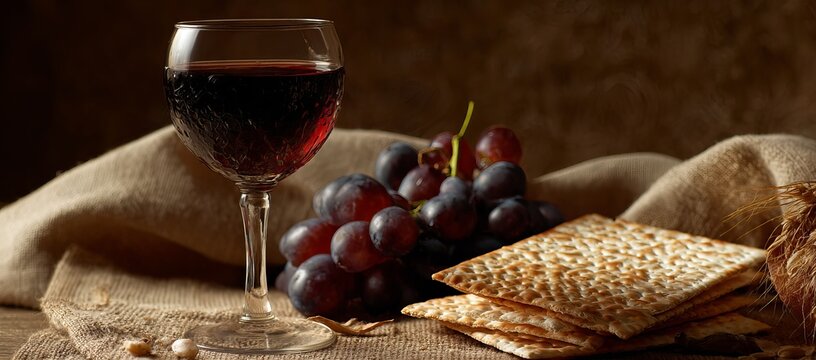 A glass of red wine, some grapes, and a piece of matzah on the table for sybil weber, the proprietor, in front of an isolated brown background.
