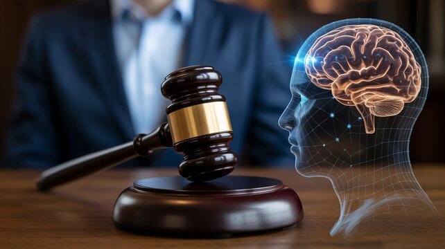 Judge gavel with glowing brain illustration, law and neuroscience concept, for website or presentation