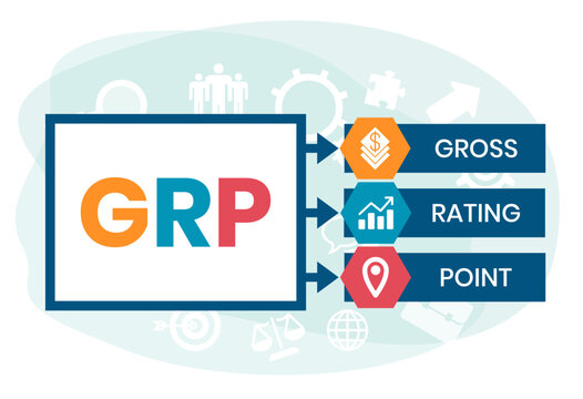 GRP, Gross Rating Point. Concept with keywords, people and icons. Flat vector illustration. Isolated on white background.