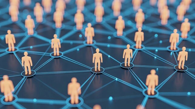3D render of interconnected human figures on a network, for website or presentation background, illustrating connections or community