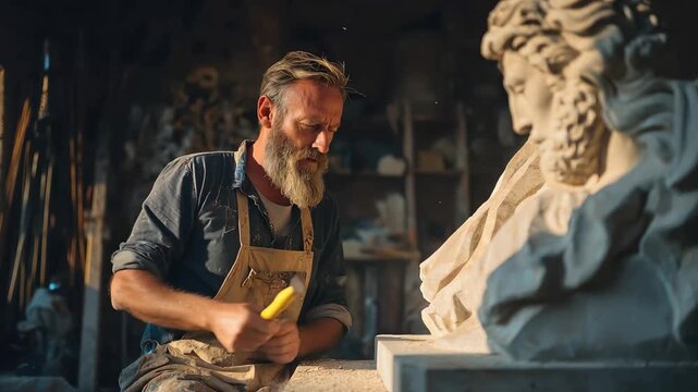 Craftsman carves a detailed figure in a stone workshop during late afternoon light in a busy city setting with tools and stone nearby
