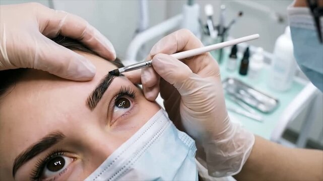 Woman doing eyebrow tinting procedure. Cosmetologist applies dye to customers brow at a beauty salon.