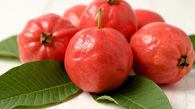 Fresh red rose apples with green leaves on white background