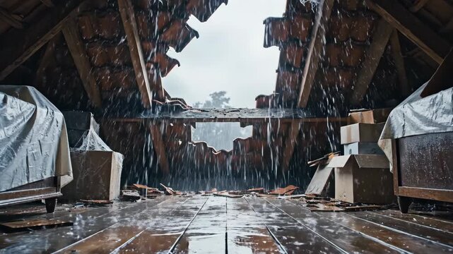 Rain falling through a large hole in a damaged attic roof. Water leaking into a house during a storm. Structural damage and home repair concept