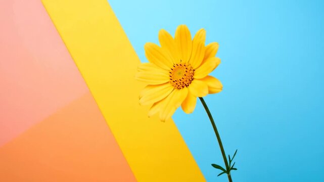 A vibrant yellow flower with a long stem against a colorful geometric background.