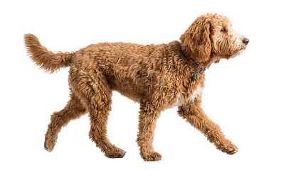 side profile of a fluffy brown golden doodle dog walking gracefully on a transparent background, showcasing its textured coat and collar. © Ronald