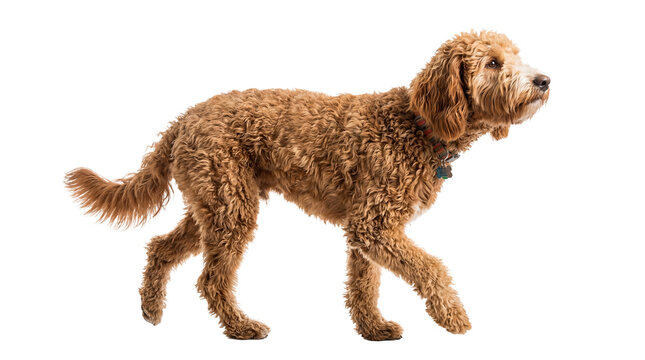 a fluffy ginger golden doodle dog walking on a transparent background, full body shot, looking to the right with a happy expression, perfect for pet-related content and joyous animal imagery.