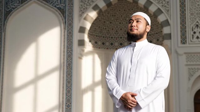 An Asian Muslim man in traditional white Ramadan outfit contemplatively inside a mosque with intricate architectural details and natural light. Perfect video for Eid al Fitr or Ramadan.