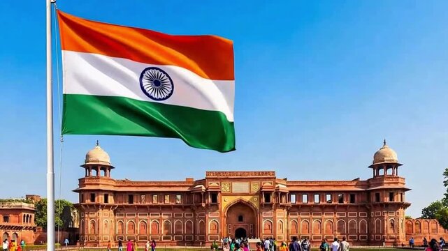 Indian flag waving over agra fort, with tourists walking towards the historic monument under a clear blue sky