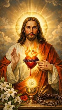 Sacred Heart of Jesus Portrait with Burning Heart Thorns and Holy Chalice