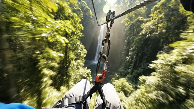 POV of ziplining through a tropical rainforest. First person view of gliding towards a waterfall. Adventure travel and extreme sport concept