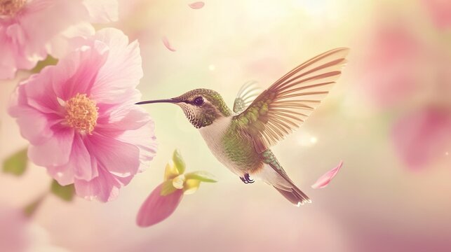 regress. A hummingbird in motion among vibrant flowers, wings blurred against a soft background. wildlife magazines, conservation campaigns, designed for wildlife conservation campaigns.