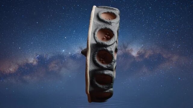 A textured, porous, seed pod-like object floats against a backdrop of a starry galaxy