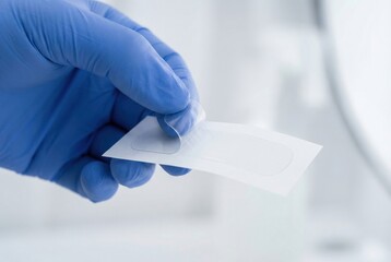 Gloved hand peeling clear medical patch from backing