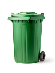 Green plastic trash bin with a lid and wheels positioned on a white background, designed for waste disposal in residential or commercial settings