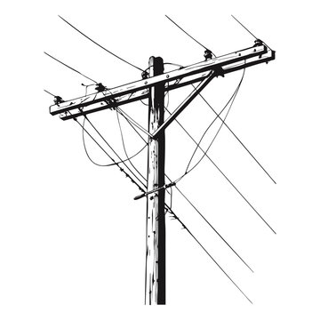 Black and white line illustration of electric poles with tangled electric cables stretching in various directions hand drawn vector art