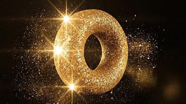 Sparkling golden glitter torus rotates dynamically, emitting bright cinematic lens flares on a dark abstract background.