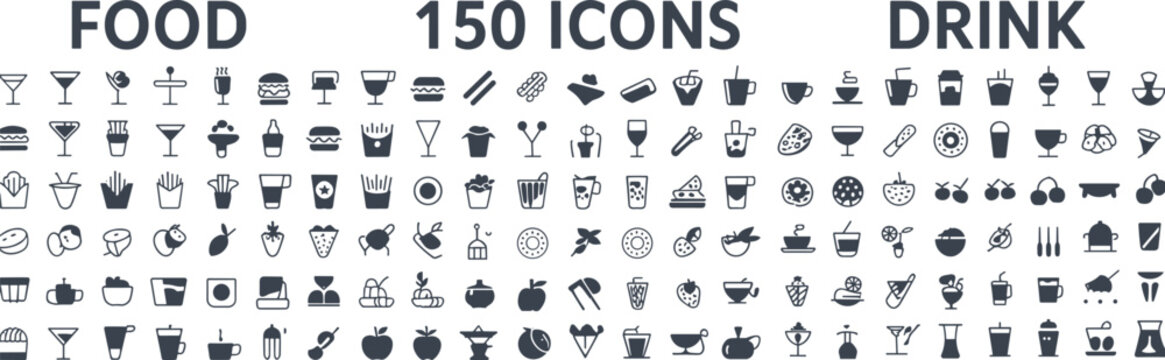 Collection of 150 food and drink icons in dark blue silhouette style Keywords: food, drink, icons, collection, set, restaurant