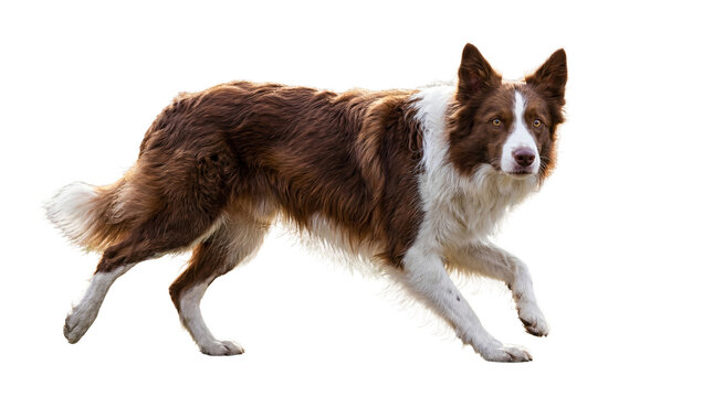a high-quality png image of a border collie dog captured in dynamic motion, showcasing its glossy brown and white fur against a transparent background, perfect for graphic design projects.