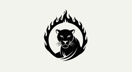 Black panther silhouette inside a ring of flames on isolated white background © Farelious