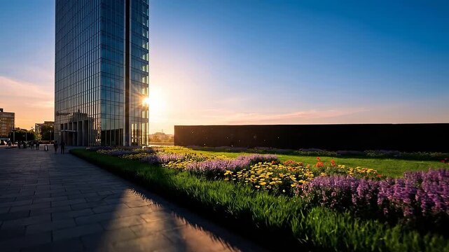 Sunlit Glass Facade Plaza Shadows