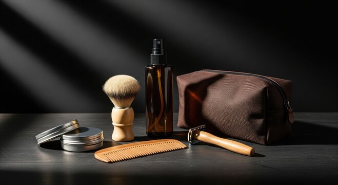 Traditional men's shaving and grooming essentials on dark background