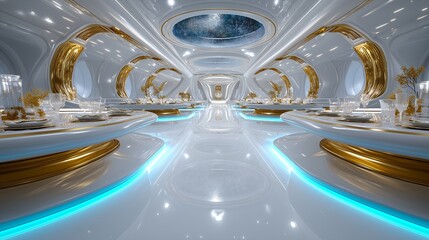 Fototapeta premium Futuristische Schwimmhalle mit goldenen Säulen und türkisfarbener Beleuchtung