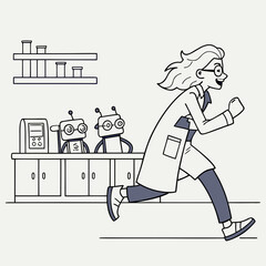 Whimsical scientist flees friendly runaway robots in a clean, colorful vector illustration, representing futuristic tech and lighthearted chaos.