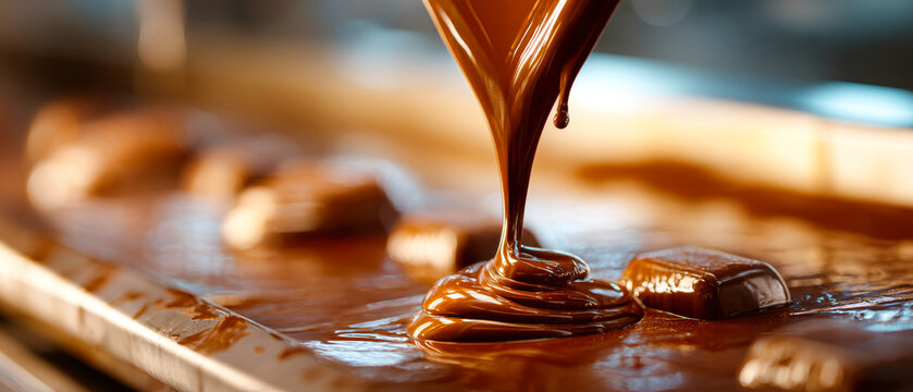 A pastry machine pours melted chocolate over prolines on a conveyor belt, highlighting the delightful sheen and detail of the confectionery process
