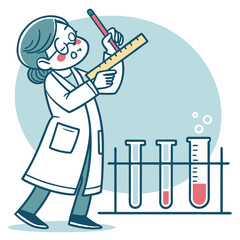 Fototapeta premium Scientist in laboratory seriously measuring the wrong object with a ruler, flat vector design