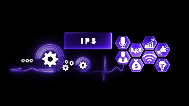 IPS acronym with business and technology icons on a dark background Keywords: IPS, acronym, business, technology, icons, gears, cogwheels, waveform, heartbeat, microphone, handshake