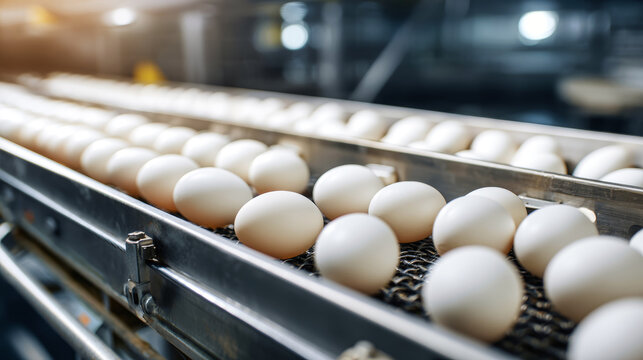 Fresh chicken eggs travel along a stainless steel conveyor belt for sorting and packaging at an egg production facility in a factory setting