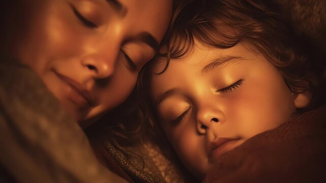 Mother and child peacefully sleeping together in warm lighting