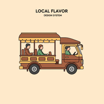 Cartoon yellow school bus with children going back to school on a road